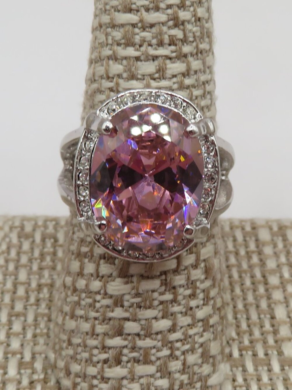 Pink Oval Rhinestone Halo Style Silver Tone Ring Sz 9